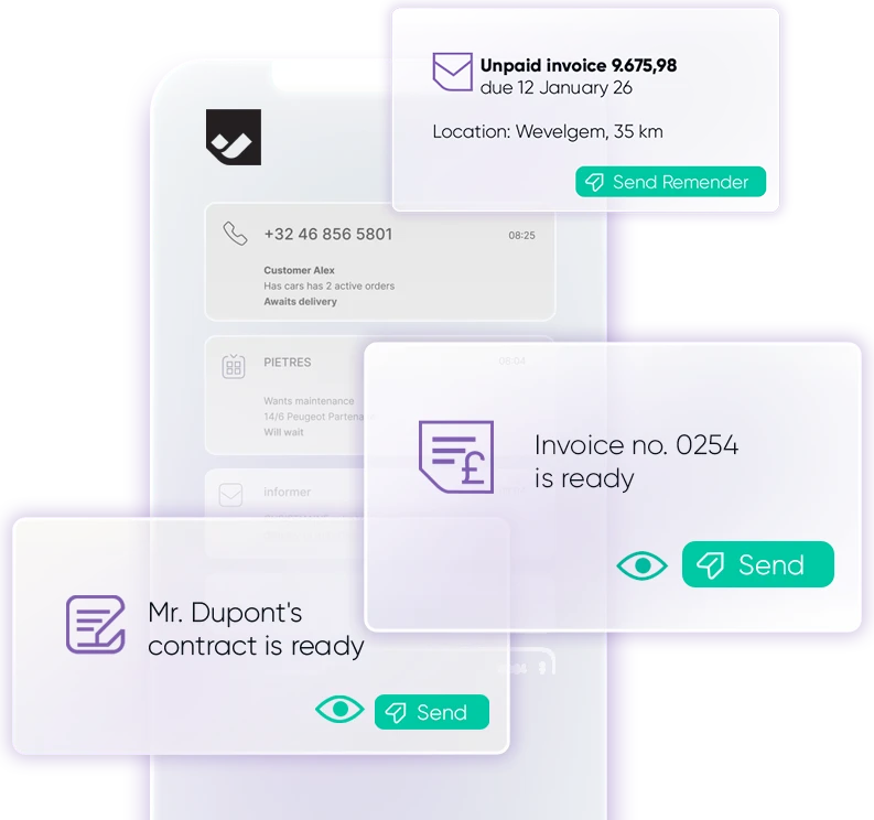 Preview cards showing invoices and contracts ready to send