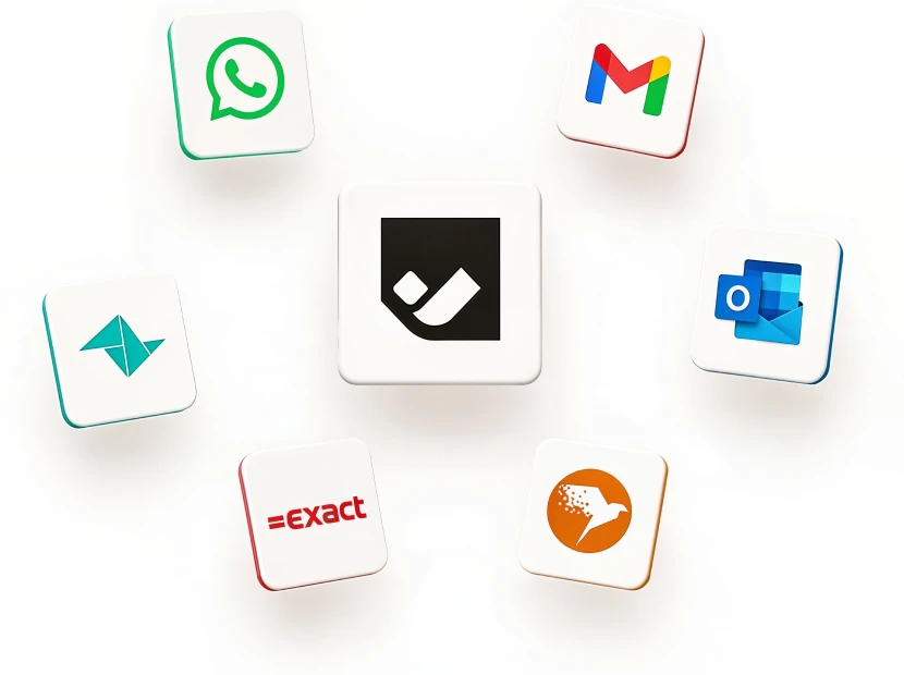 Chut connects to the tools you already use — WhatsApp, Gmail, Outlook, Exact and more.